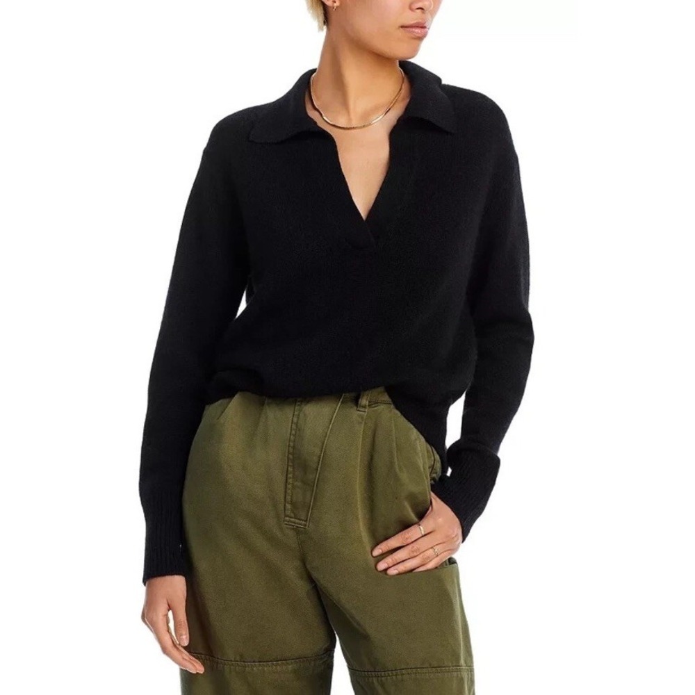 Aqua Cashmere Polo Collared V Neck Cashmere Sweater Black Womens Size Small‎